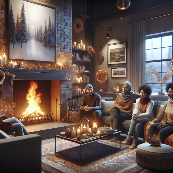 Friends Gathered around a Fireplace